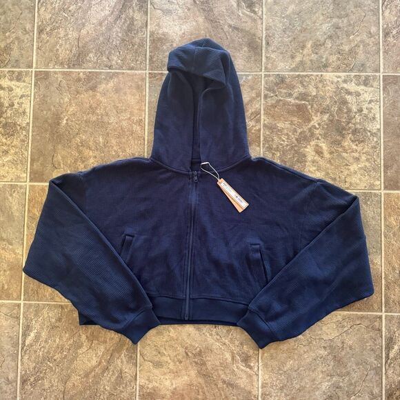 Skims Heavy Waffle Cropped Zip Up Hoodie Navy Size Large - Picture 4 of 12